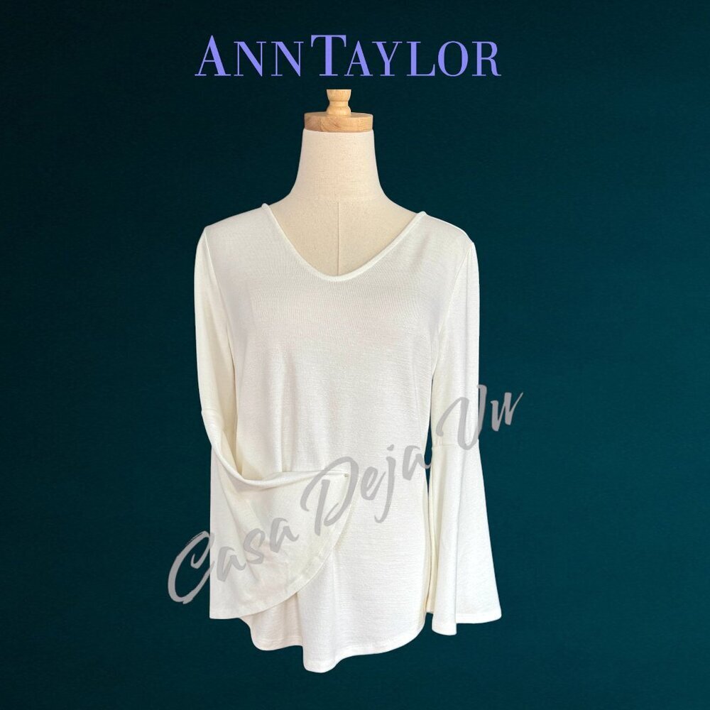 Ann Taylor Light &  Soft Long Bell Sleeve Tie Neck Drape Light Weight Sweater